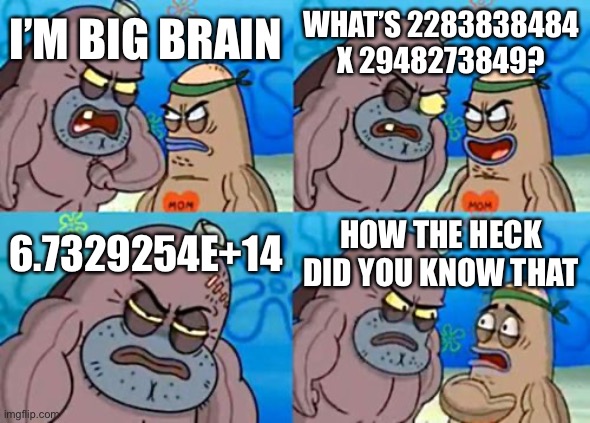 Look it up | WHAT’S 2283838484 X 2948273849? I’M BIG BRAIN; 6.7329254E+14; HOW THE HECK DID YOU KNOW THAT | image tagged in memes,how tough are you | made w/ Imgflip meme maker