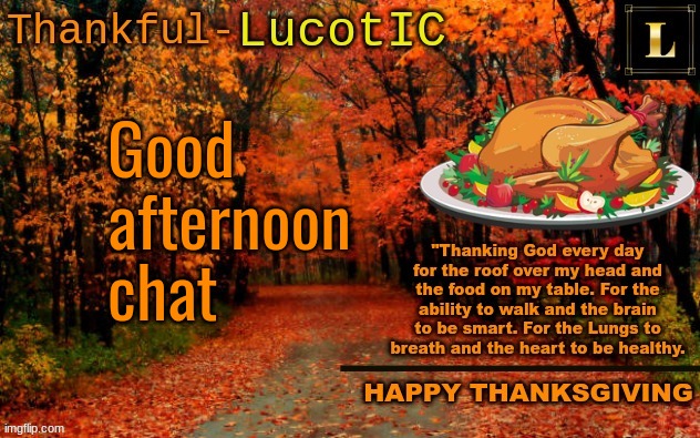 Good afternoon | Good 
afternoon
chat | image tagged in lucotic thanksgiving announcement temp 11 | made w/ Imgflip meme maker