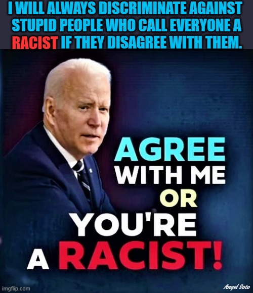 agree with Biden or you're a racist |  I WILL ALWAYS DISCRIMINATE AGAINST 
STUPID PEOPLE WHO CALL EVERYONE A
                  IF THEY DISAGREE WITH THEM. RACIST; Angel Soto | image tagged in political meme,joe biden,agree,disagree,stupid people,racist | made w/ Imgflip meme maker