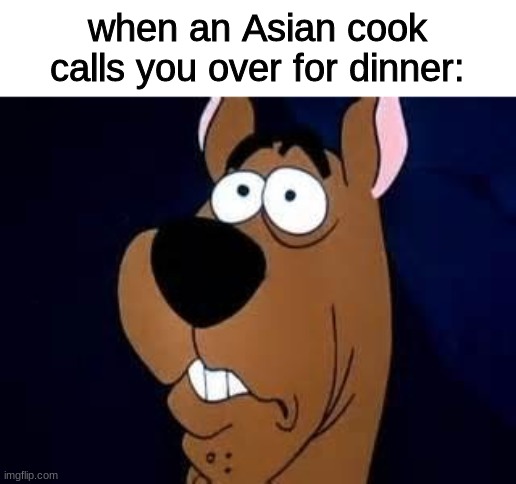 Scoob pov | when an Asian cook calls you over for dinner: | image tagged in scooby doo surprised,memes,dark humor | made w/ Imgflip meme maker