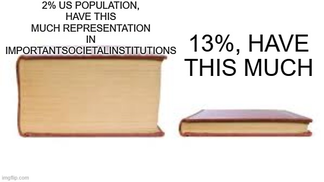 thats weird | 2% US POPULATION, HAVE THIS MUCH REPRESENTATION IN IMPORTANTSOCIETALINSTITUTIONS; 13%, HAVE THIS MUCH | image tagged in big book small book | made w/ Imgflip meme maker