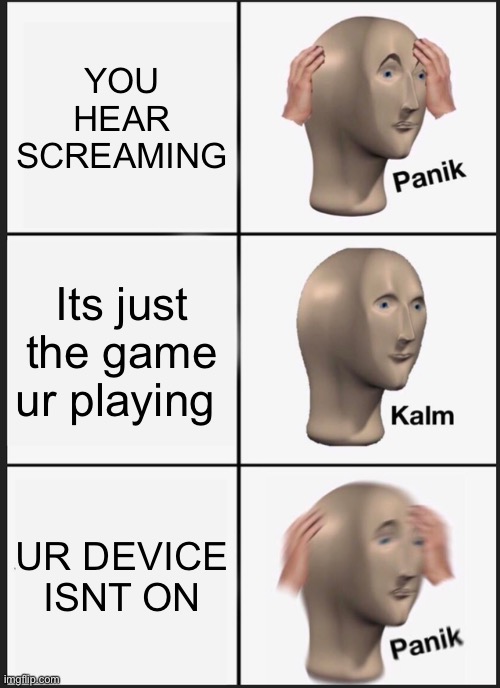 Panik Kalm Panik | YOU HEAR SCREAMING; Its just the game ur playing; UR DEVICE ISNT ON | image tagged in memes,panik kalm panik | made w/ Imgflip meme maker
