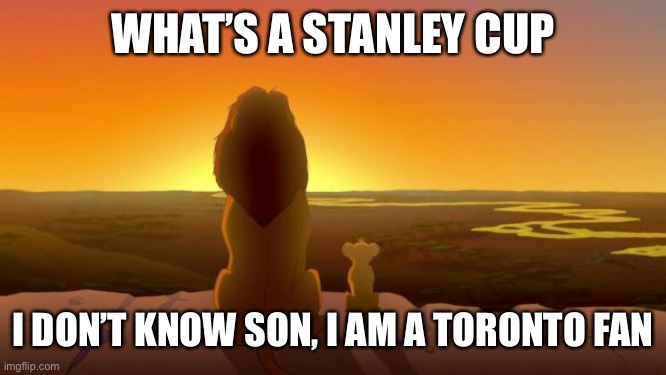 Toronto Maple Leaf Fans And A Stanley Cup | WHAT’S A STANLEY CUP; I DON’T KNOW SON, I AM A TORONTO FAN | image tagged in lion king son,stanley cup,toronto maple leafs | made w/ Imgflip meme maker