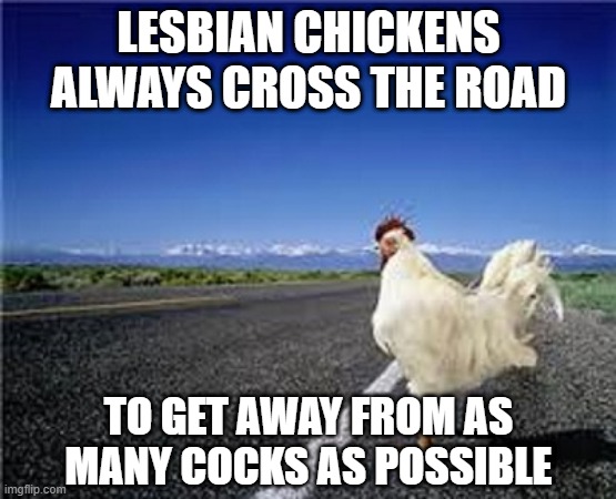 Lesbian Chicken | LESBIAN CHICKENS ALWAYS CROSS THE ROAD; TO GET AWAY FROM AS MANY COCKS AS POSSIBLE | image tagged in why did the chicken cross the road | made w/ Imgflip meme maker