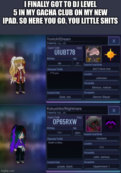 I’ll post them separately in the comment so you can see the codes and characters a little better | I FINALLY GOT TO DJ LEVEL 5 IN MY GACHA CLUB ON MY NEW IPAD. SO HERE YOU GO, YOU LITTLE SHITS | made w/ Imgflip meme maker