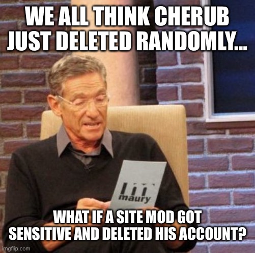 Maury Lie Detector | WE ALL THINK CHERUB JUST DELETED RANDOMLY…; WHAT IF A SITE MOD GOT SENSITIVE AND DELETED HIS ACCOUNT? | image tagged in memes,maury lie detector | made w/ Imgflip meme maker