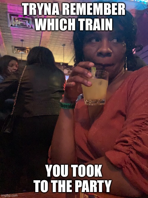 TRYNA REMEMBER WHICH TRAIN; YOU TOOK TO THE PARTY | image tagged in party | made w/ Imgflip meme maker