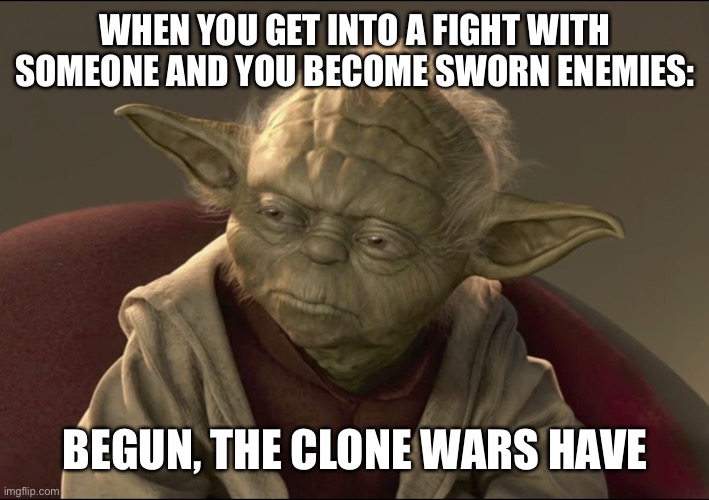 Yoda Begun The Clone War Has | WHEN YOU GET INTO A FIGHT WITH SOMEONE AND YOU BECOME SWORN ENEMIES:; BEGUN, THE CLONE WARS HAVE | image tagged in yoda begun the clone war has | made w/ Imgflip meme maker
