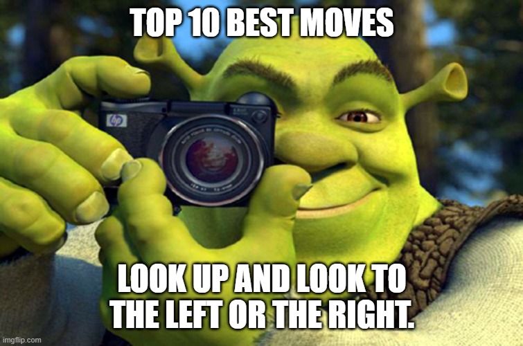 shrek camera | TOP 10 BEST MOVES LOOK UP AND LOOK TO THE LEFT OR THE RIGHT. | image tagged in shrek camera | made w/ Imgflip meme maker