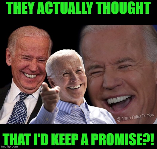 Joe Biden Laughing | THEY ACTUALLY THOUGHT THAT I'D KEEP A PROMISE?! | image tagged in joe biden laughing | made w/ Imgflip meme maker