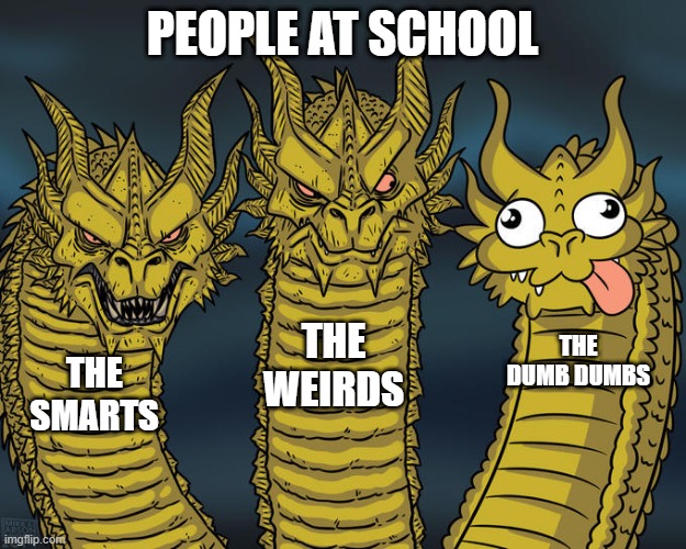 people | PEOPLE AT SCHOOL; THE WEIRDS; THE DUMB DUMBS; THE SMARTS | image tagged in three-headed dragon | made w/ Imgflip meme maker