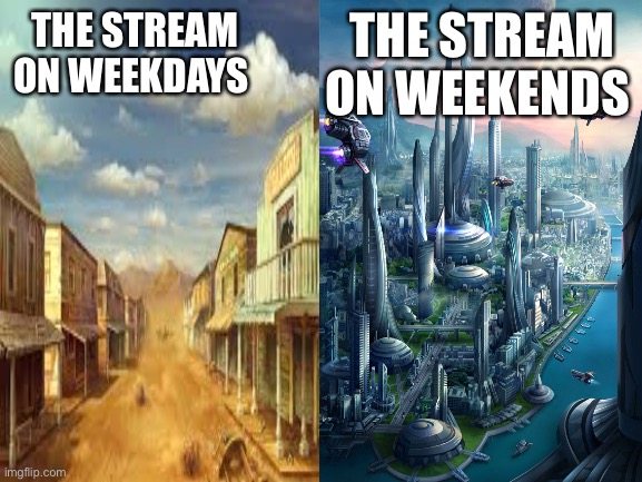 Ghost town | THE STREAM ON WEEKENDS; THE STREAM ON WEEKDAYS | image tagged in memes,funny,relatable | made w/ Imgflip meme maker