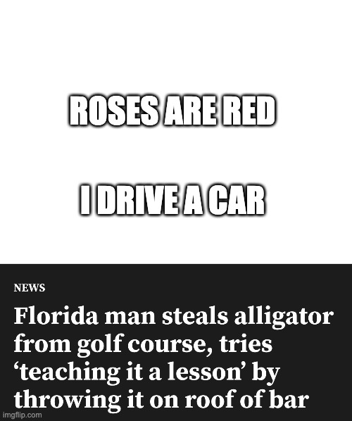 poetrie | ROSES ARE RED; I DRIVE A CAR | image tagged in florida man | made w/ Imgflip meme maker
