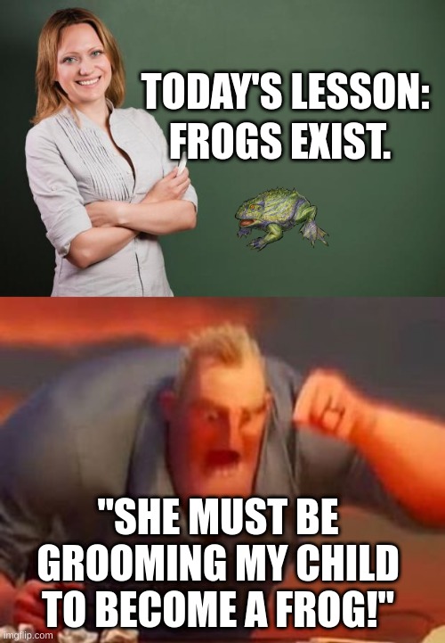 s3xual education logic... | TODAY'S LESSON:; FROGS EXIST. "SHE MUST BE GROOMING MY CHILD TO BECOME A FROG!" | image tagged in teacher meme,mr incredible mad,why,logic | made w/ Imgflip meme maker