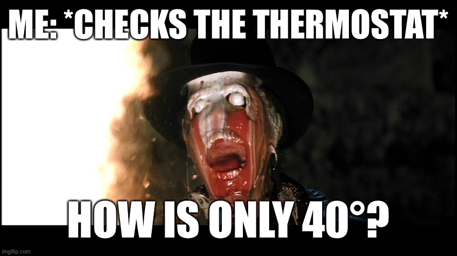 Indiana Jones Face Melt | ME: *CHECKS THE THERMOSTAT*; HOW IS ONLY 40°? | image tagged in indiana jones face melt | made w/ Imgflip meme maker