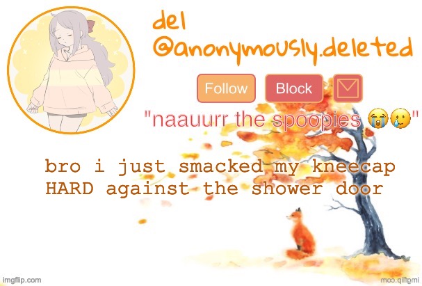 I HEARD A CRUNCH. | bro i just smacked my kneecap HARD against the shower door | image tagged in del announcement fall | made w/ Imgflip meme maker