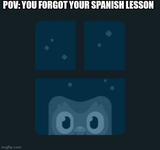 Just Run |  POV: YOU FORGOT YOUR SPANISH LESSON | image tagged in duolingo bird,duolingo,oh no,run | made w/ Imgflip meme maker