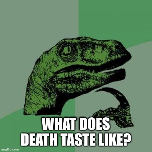 Hmmmmm | WHAT DOES DEATH TASTE LIKE? | image tagged in memes,philosoraptor | made w/ Imgflip meme maker