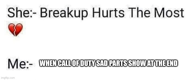 break-up | WHEN CALL OF DUTY SAD PARTS SHOW AT THE END | image tagged in break-up | made w/ Imgflip meme maker