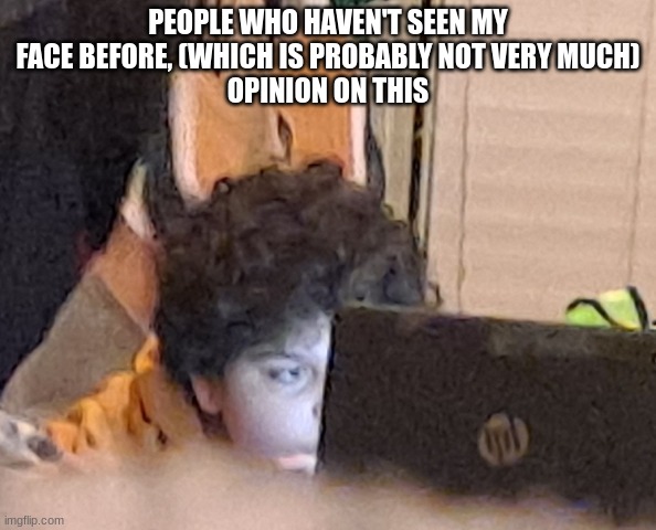 carlos or something staring at a computer | PEOPLE WHO HAVEN'T SEEN MY FACE BEFORE, (WHICH IS PROBABLY NOT VERY MUCH)
OPINION ON THIS | image tagged in carlos or something staring at a computer | made w/ Imgflip meme maker