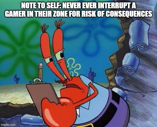 Moral of the lesson is never interrupt a gamer in their zone ever or else you will have problems | NOTE TO SELF: NEVER EVER INTERRUPT A GAMER IN THEIR ZONE FOR RISK OF CONSEQUENCES | image tagged in mr crab note to self,memes,actions have consequences,life lessons,spongebob squarepants,gamer | made w/ Imgflip meme maker