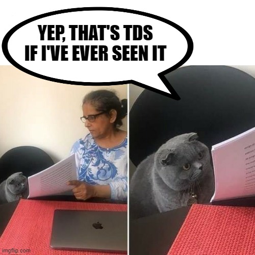 A Woman That Show A Cat His Test | YEP, THAT'S TDS IF I'VE EVER SEEN IT | image tagged in a woman that show a cat his test | made w/ Imgflip meme maker