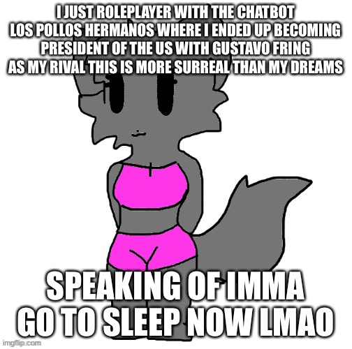 I’ll probably only get one hour of sleep tho because its 5 FUCKING AM | I JUST ROLEPLAYER WITH THE CHATBOT LOS POLLOS HERMANOS WHERE I ENDED UP BECOMING PRESIDENT OF THE US WITH GUSTAVO FRING AS MY RIVAL THIS IS MORE SURREAL THAN MY DREAMS; SPEAKING OF IMMA GO TO SLEEP NOW LMAO | image tagged in female lordreaperus full body | made w/ Imgflip meme maker