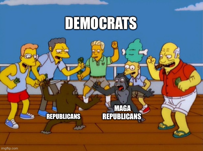 Simpsons Monkey Fight | DEMOCRATS; MAGA REPUBLICANS; REPUBLICANS | image tagged in simpsons monkey fight | made w/ Imgflip meme maker