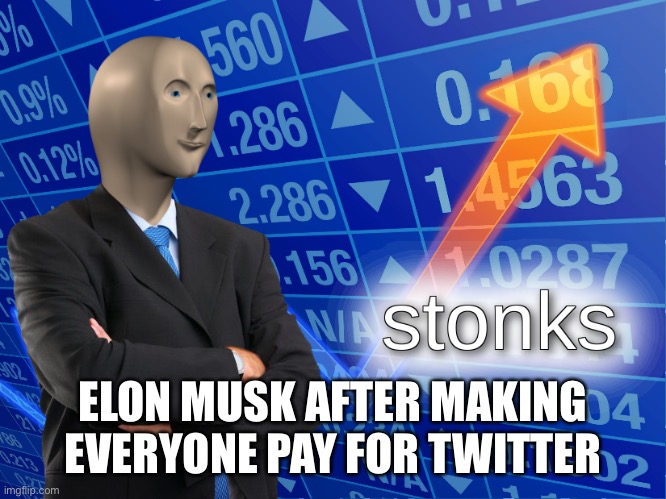 stonks |  ELON MUSK AFTER MAKING EVERYONE PAY FOR TWITTER | image tagged in stonks | made w/ Imgflip meme maker
