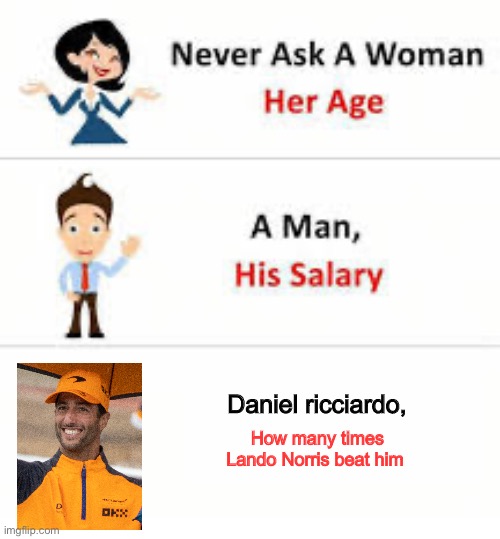 Never ask a woman her age | Daniel ricciardo, How many times Lando Norris beat him | image tagged in never ask a woman her age,f1 | made w/ Imgflip meme maker