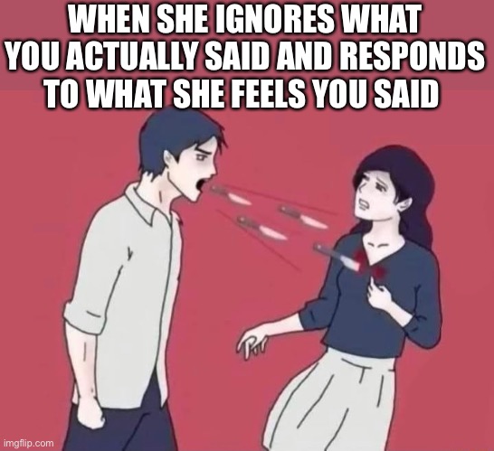 WHEN SHE IGNORES WHAT YOU ACTUALLY SAID AND RESPONDS TO WHAT SHE FEELS YOU SAID | image tagged in relationship issues | made w/ Imgflip meme maker