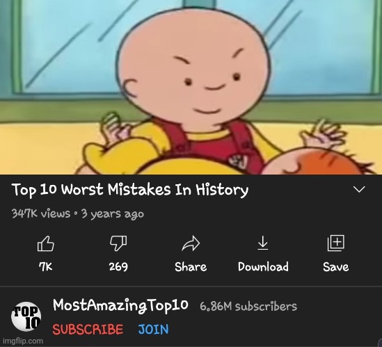 He must be stopped | image tagged in top 10 worst mistakes in history,caillou,top 10 | made w/ Imgflip meme maker