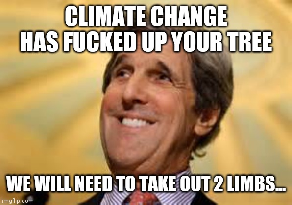 John Kerry ACs Dangerous | CLIMATE CHANGE HAS FUCKED UP YOUR TREE WE WILL NEED TO TAKE OUT 2 LIMBS... | image tagged in john kerry acs dangerous | made w/ Imgflip meme maker