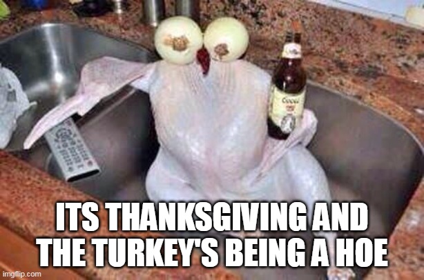 Its thanksgiving and the turkey's being a hoe | ITS THANKSGIVING AND THE TURKEY'S BEING A HOE | image tagged in turkey,funny,thankgiving,hoe,thanksgiving dinner | made w/ Imgflip meme maker