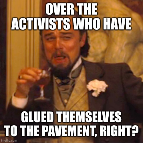 Laughing Leo Meme | OVER THE ACTIVISTS WHO HAVE GLUED THEMSELVES TO THE PAVEMENT, RIGHT? | image tagged in memes,laughing leo | made w/ Imgflip meme maker