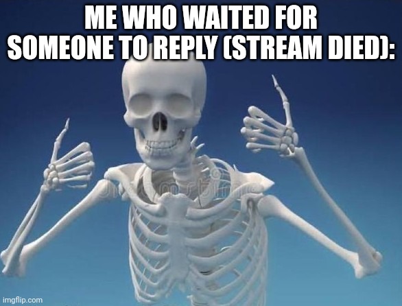 Happy Skeleton | ME WHO WAITED FOR SOMEONE TO REPLY (STREAM DIED): | image tagged in happy skeleton | made w/ Imgflip meme maker