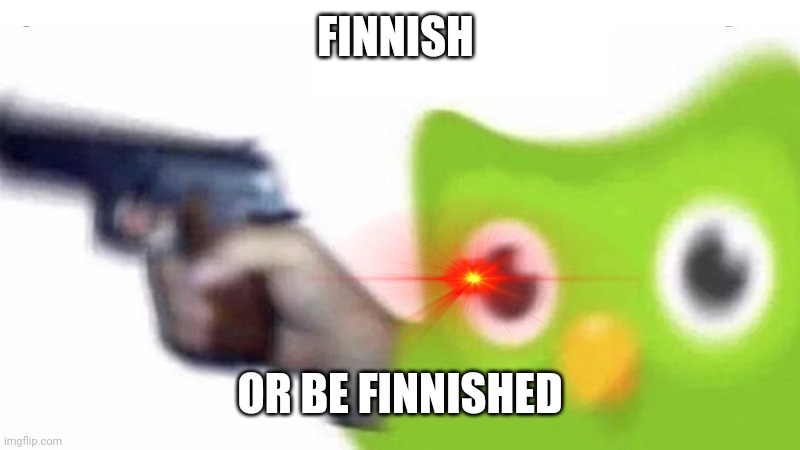 Duolingo to them who try to learn Finnish: | FINNISH; OR BE FINNISHED | image tagged in duolingo gun | made w/ Imgflip meme maker