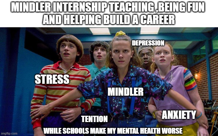 MINDLER INTERNSHIP TEACHING ,BEING FUN 
AND HELPING BUILD A CAREER; DEPRESSION; STRESS; MINDLER; ANXIETY; TENTION; WHILE SCHOOLS MAKE MY MENTAL HEALTH WORSE | image tagged in mindlercareer,post,meme,fun | made w/ Imgflip meme maker