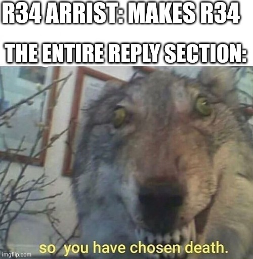 R34 has chosen death | R34 ARRIST: MAKES R34; THE ENTIRE REPLY SECTION: | image tagged in so you have chosen death | made w/ Imgflip meme maker