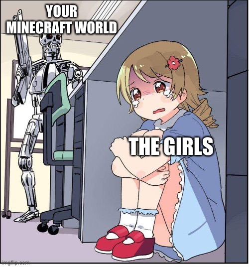 robot, anime girl hiding, animinator | YOUR MINECRAFT WORLD; THE GIRLS | image tagged in robot anime girl hiding animinator | made w/ Imgflip meme maker