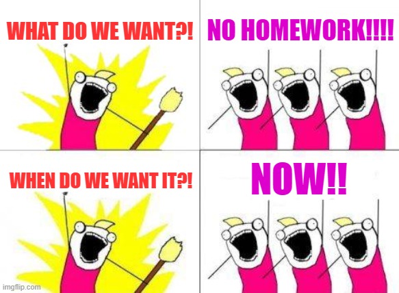 what do we want meme | WHAT DO WE WANT?! NO HOMEWORK!!!! NOW!! WHEN DO WE WANT IT?! | image tagged in memes,what do we want | made w/ Imgflip meme maker