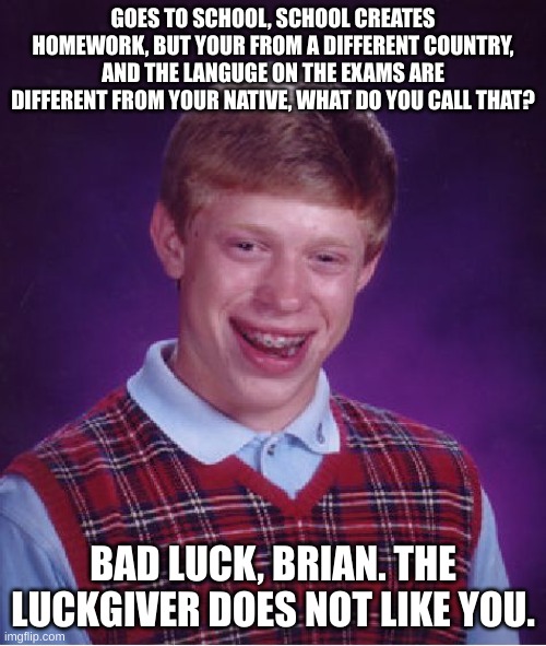 Bad luck, Brian. Thats what you call it. | GOES TO SCHOOL, SCHOOL CREATES HOMEWORK, BUT YOUR FROM A DIFFERENT COUNTRY, AND THE LANGUGE ON THE EXAMS ARE DIFFERENT FROM YOUR NATIVE, WHAT DO YOU CALL THAT? BAD LUCK, BRIAN. THE LUCKGIVER DOES NOT LIKE YOU. | image tagged in memes,bad luck brian | made w/ Imgflip meme maker