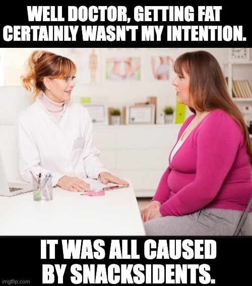 Fat | WELL DOCTOR, GETTING FAT CERTAINLY WASN'T MY INTENTION. IT WAS ALL CAUSED BY SNACKSIDENTS. | image tagged in doctor patient | made w/ Imgflip meme maker