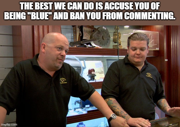 best I can do! |  THE BEST WE CAN DO IS ACCUSE YOU OF BEING "BLUE" AND BAN YOU FROM COMMENTING. | image tagged in pawn stars best i can do | made w/ Imgflip meme maker