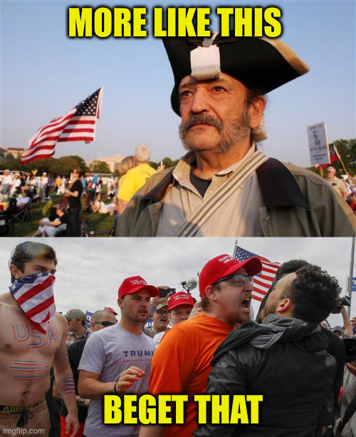 MORE LIKE THIS BEGET THAT | image tagged in tea party patriot larp,angry red cap | made w/ Imgflip meme maker