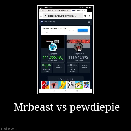 Mrbeast vs pewdiepie | image tagged in funny,demotivationals | made w/ Imgflip demotivational maker