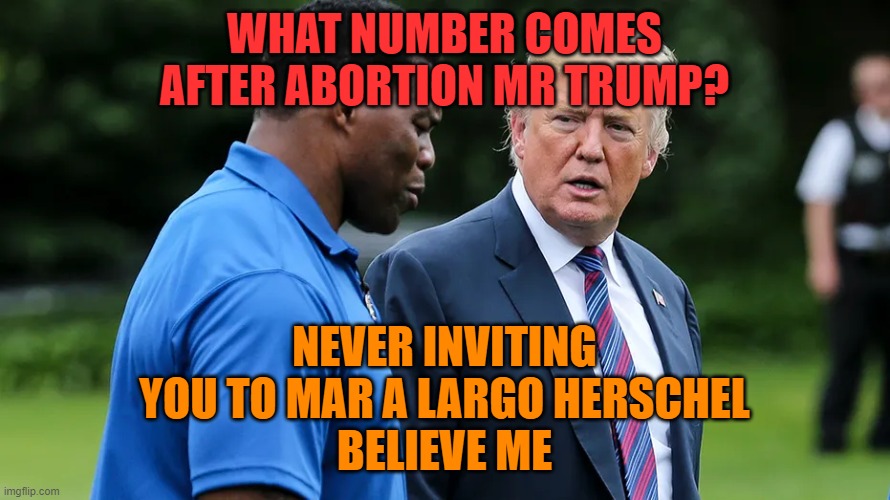 Trump helping Herschel understand | WHAT NUMBER COMES AFTER ABORTION MR TRUMP? NEVER INVITING YOU TO MAR A LARGO HERSCHEL
BELIEVE ME | image tagged in herschel walker trump,donald trump,maga,losers,dumb | made w/ Imgflip meme maker