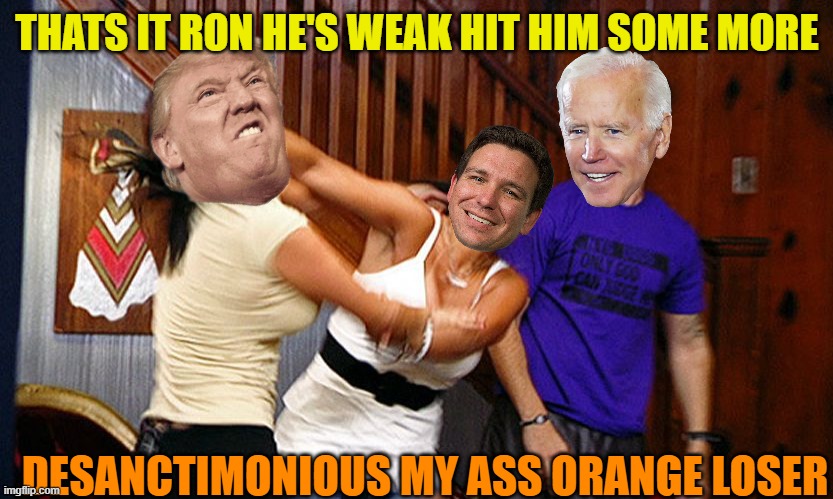 Republicans debate on future of MAGA | THATS IT RON HE'S WEAK HIT HIM SOME MORE; DESANCTIMONIOUS MY ASS ORANGE LOSER | image tagged in girls fighting,trump,maga,brandon,political meme | made w/ Imgflip meme maker