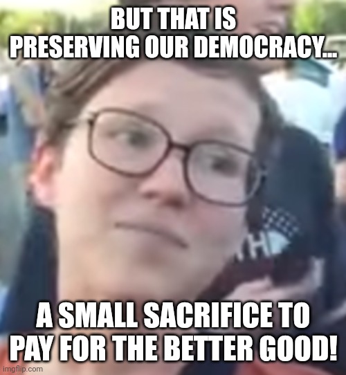 BUT THAT IS PRESERVING OUR DEMOCRACY... A SMALL SACRIFICE TO PAY FOR THE BETTER GOOD! | made w/ Imgflip meme maker