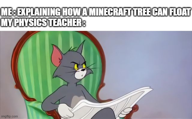 never ever do this | ME : EXPLAINING HOW A MINECRAFT TREE CAN FLOAT
MY PHYSICS TEACHER : | image tagged in tom cat reading a newspaper,physics,school | made w/ Imgflip meme maker
